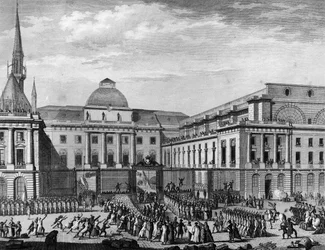 Revolução Francesa: Câmara Municipal de Paris, Parlamento em Novembro de 1790 na ilha da cidade presidida por Jean Baptiste Gaspard Bochart de Saron (1730-1794). Paris, Biblioteca do Instituto de História da Revolução