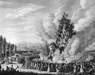 Revolução Francesa: comemoração da captura da Bastilha em 14 de julho de 1792 com um grande balde que queima os símbolos da monarquia do palácio das Tuileries. Paris, Biblioteca do Instituto de História da Revolução