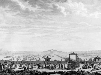 Revolução Francesa: as tropas militares do campo de março partem para a Praça Luís XV em 12 de julho de 1789 Paris, Biblioteca do Instituto de História da Revolução