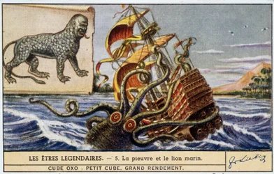Seres lendários - polvo e leão-marinho - cor cromo Liebig.