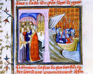 Casamento de Eleanor da Aquitânia e Luís VII de França (1137) à esquerda, e embarque para a Segunda Cruzada 1147-1149, da "Chronique de St Denis" (velino)
