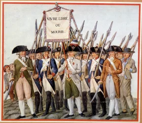 Guardas nacionais com a bandeira «Viver livres ou morrer»
