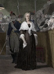 Rainha Maria Antonieta (1755-1793) Condenada pelo Tribunal Revolucionário em outubro de 1793" (Rainha da França Maria Antonieta (1755-1793) durante seu julgamento na corte revolucionária, outubro de 1793)