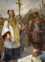 São Coríntios coloca a 1ª pedra da Catedral de Quimper em Odet na presença do Rei Gralon Meur, 435 - pintura da igreja de Morlaix