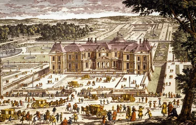 Vista do Castelo de Vaux le Vicomte, construído por Louis le Vau em 1658-1661 para Nicolas Fouquet (gravura a cores)