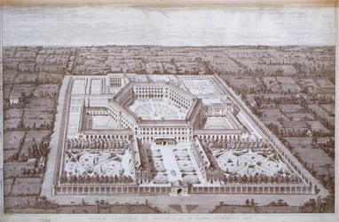 Vista da prisão de Rennes para mulheres projetada pelo arquiteto Alfred Normand, publicada pela Intime-Club, Paris