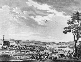 Guerra da Revolução Francesa e Movimento contra a Revolução Revolucionária: Vitória da Batalha de Fleurus ganha pelos franceses no 8º ano do segundo mensageiro (26 de Junho de 1794) contra o Reino Unido e a Áustria. Paris, Biblioteca do Instituto de Histór