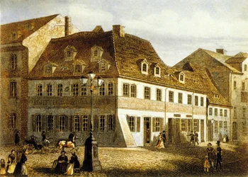 Local de nascimento do compositor Robert Schumann em Zwickau, Saxônia (gravura colorida)