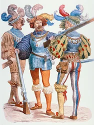 Soldados alemães do século XVI, armados com mosquetes de fósforo (gravura a cores)