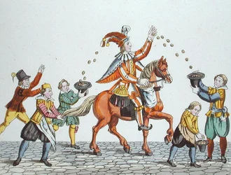 Jester on a Chestnut Horse Throwing Food to Children, from 