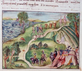MS Add.15217 fol.40 Uma paisagem venezuelana com um acampamento espanhol, de uma coleção de memórias da Família Coeler, Nuremberg