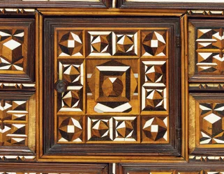 Armário de mesa de marchetaria da Alemanha do Sul (ébano, marfim, nogueira e madeira de frutas)