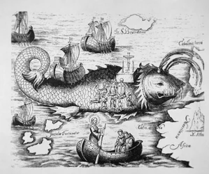 São Brendan celebrando a missa no dorso de um peixe gigante entre as Ilhas Canárias e a mítica Ilha de São Brandano (gravura)
