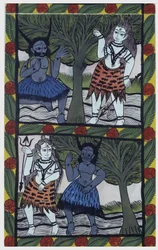 Kama, deus do desejo, envia uma flecha do amor a Shiva em meditação, para se unir a Parvati. Pat: rolo pintado da região de Bengala, servindo como meio narrativo para os cantores Baoul (Baul). Coleção particular Leonard de Selva.