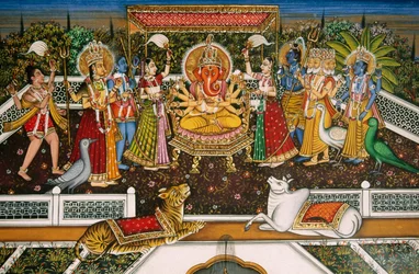Senhor Ganesh Ganpati com Brahma, Vishnu, Shiva, Durga, Pintura em miniatura sobre papel