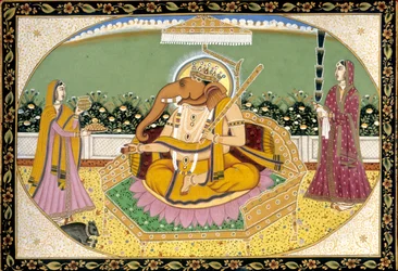 Senhor Ganesh com Ridhi e Siddhi Pintura em miniatura Índia