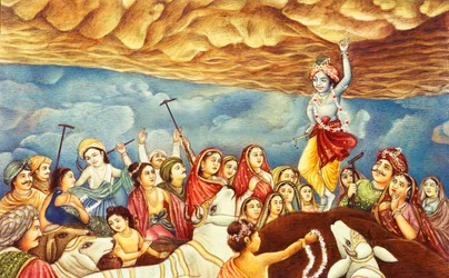 Pintura em miniatura do Senhor Krishna a levantar a montanha