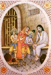 Pintura em marfim em miniatura de Krishna Balram e Devaki Vasudeva