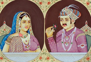 Pintura em miniatura de Akbar e Jodha Bai Índia Ásia