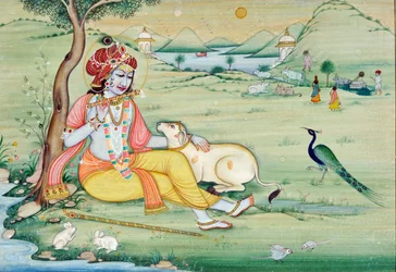 Pintura em miniatura de Krishna a tocar flauta