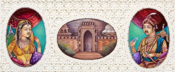 Pintura em miniatura do imperador mogol Akbar com a mulher Jodha Bai