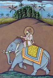 Pintura em miniatura do Imperador Mughal Shah Jahan sentado num elefante