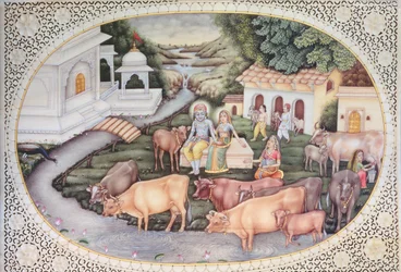 Miniatura de Krishna, uma leiteira sentada num campo com gado (aguarela sobre marfim)