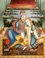 Pintura do imperador Mughal com a sua mulher numa cena de amor, Índia