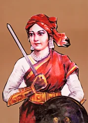 Retrato de Rani Laxmibai, rainha de Jhansi, grande combatente da liberdade na primeira guerra de independência da Índia Motim Indiano 1857-58 (litografia a cores)