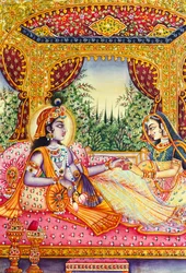 Pintura em miniatura de Radha Krishna sobre marfim
