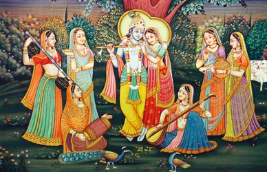 Radha Krishna com as Sakhis apreciam a música