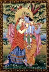 Cena de amor de Radha e Krishna Pintura em miniatura sobre papel