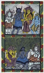 Shiva dá vida a Ganesha (Ganesh ou Ganapati), nos braços de sua mãe Parvati, depois de cortar sua cabeça em um braço de raiva. Pat: rolo pintado da região de Bengala, servindo como meio narrativo para os músicos Baoul (ou baul). Leonard de Selva specia