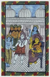 Os deuses vêm para admirar Krishna, encarna no corpo de uma bela criança, Ganesha (Ganesh ou Ganapati) sentada nos joelhos de sua mãe Parvati. Pat: rolo pintado da região de Bengala, servindo como meio narrativo para os cantores Baoul (Baul). Leonard de