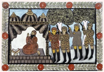 A história dos ataques de 11 de Setembro de 2001 contada pelos vendilhões Baul de Bengala. Pintura, série, número 1/9, de Bengala.