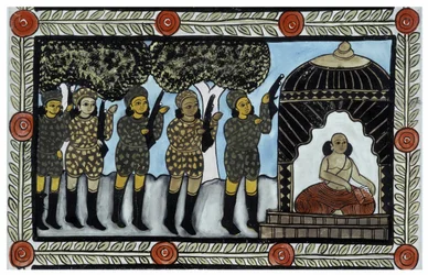 A história dos ataques de 11 de Setembro de 2001 contada pelos vendilhões Baul de Bengala. Pintura, série, número 2/9, de Bengala.