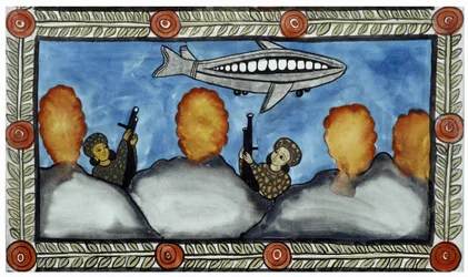 A história dos ataques de 11 de Setembro de 2001 contada pelos vendilhões Baul de Bengala. Pintura, série, número 7/9, de Bengala.
