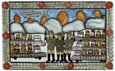 A história dos ataques de 11 de Setembro de 2001 contada pelos vendilhões Baul de Bengala. Pintura, série, número 8/9, de Bengala.