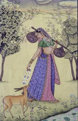 Mulher segurando Rudra Veena e guirlanda de flores Pintura em miniatura, Índia