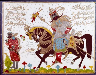 Pintura em vidro da arte islâmica representando a história de Antar (Antar ibn Shaddad), poeta árabe pré-islâmico do século VI. Síria, Damasco, Palácio Azem ou Azm