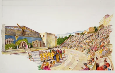 Antiga Atenas - reconstrução de um teatro (cor litho)
