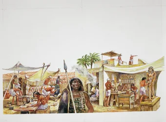 Ancient Thebes - reconstrução de um quarto de Deir el-Medina (cor litho)