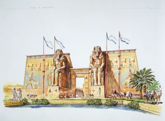 Tebas Antiga - reconstrução das estátuas de Amenhotep III, conhecidas como os Colossos de Memnon, no tempo de Ramsés II