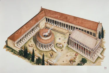 Tolos circulares cerimoniais e templo de Asclepius, Epidauro, século IV a.C. (cor litho)