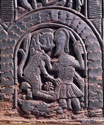 Detalhe de uma caça ao leão a partir de uma arca medieval (madeira)