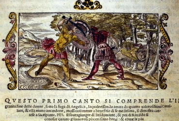 Representação da luta entre Ferragus, o trigo sarraceno e Renaud (Rinaldo), ambos apaixonados pela bela Angélica, cena retirada do poema do cavaleiro "Orlando Furioso", de Ludovico Ariosto (1474-1533)