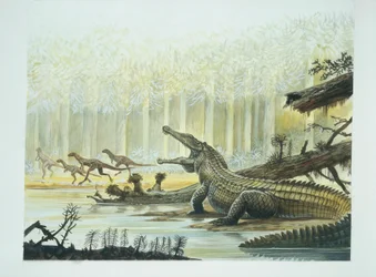 Rutiodon com Fabrosaurus ao fundo, período Triássico (cor litho)