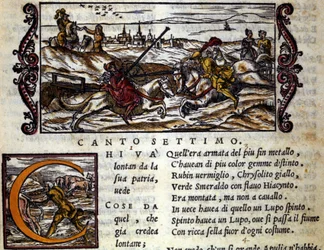 O gigante Eryphila montado em uma luta de lobos Roger (Ruggero, Ruggiero) - Cena do poema cavaleiro de "Orlando Furioso" (O Roland Furioso) de Ludovico Ariosto (1474 - 1533) chamado L