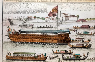 Vista da lagoa de Veneza e do Bucentauro. (Bucentauro) No dia da Ascensão, o Doge cruzou a lagoa de Veneza para chegar à boca do mar aberto a bordo de um navio chamado Bucentauro. Gravura. Veneza, museu correr