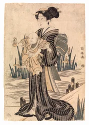 Mulher japonesa com uma criança ao colo (xilogravura a cores)